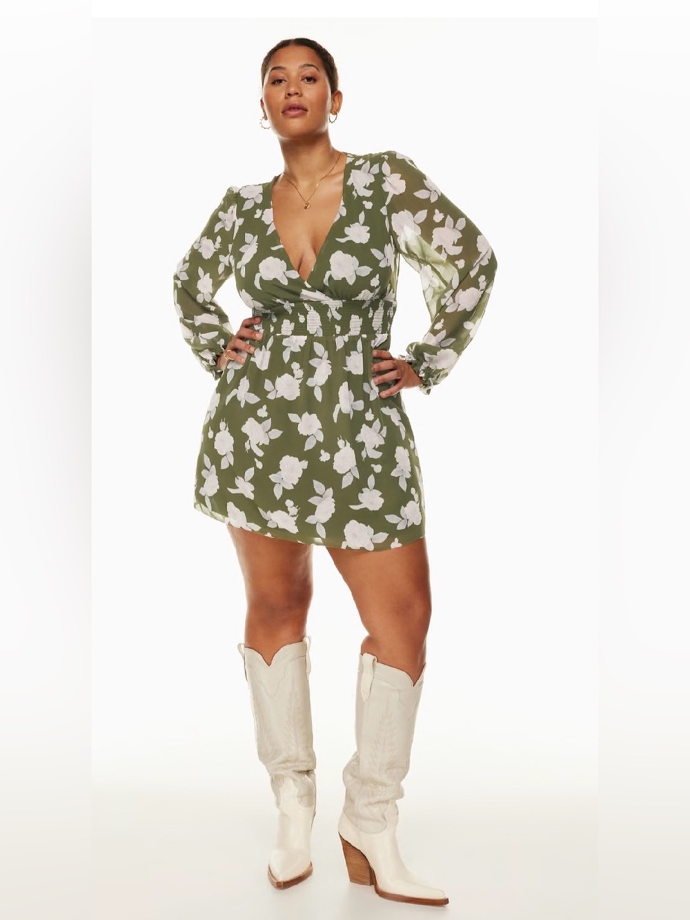Wilfred | Green & Lavender Floral Long Sleeve Mini Dress | Size M